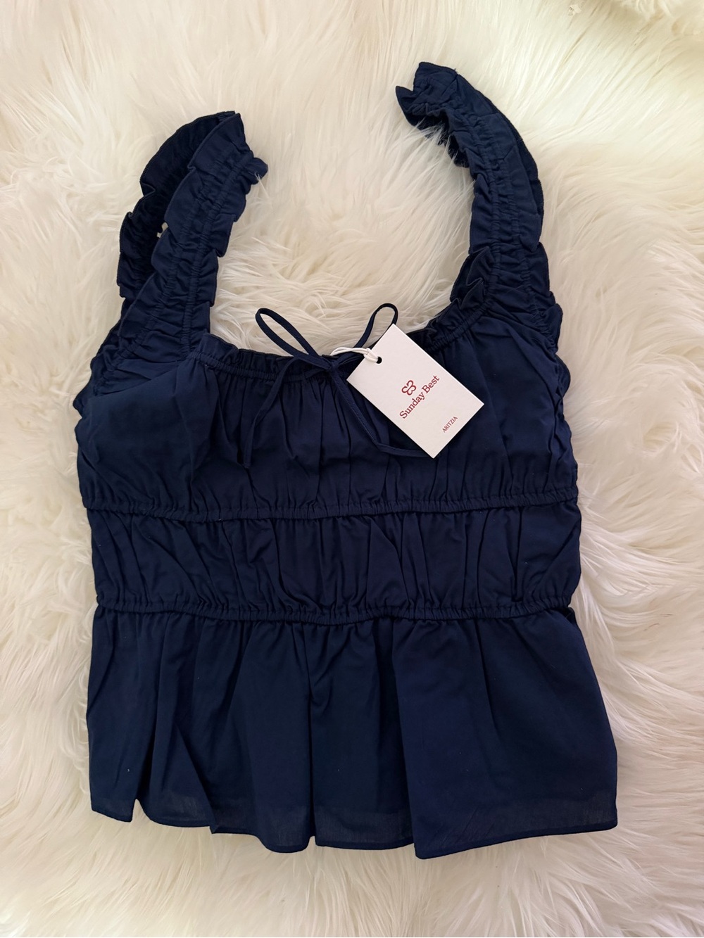 Aritzia Navy Ruffled Strap Smocked Peplum Tank Top